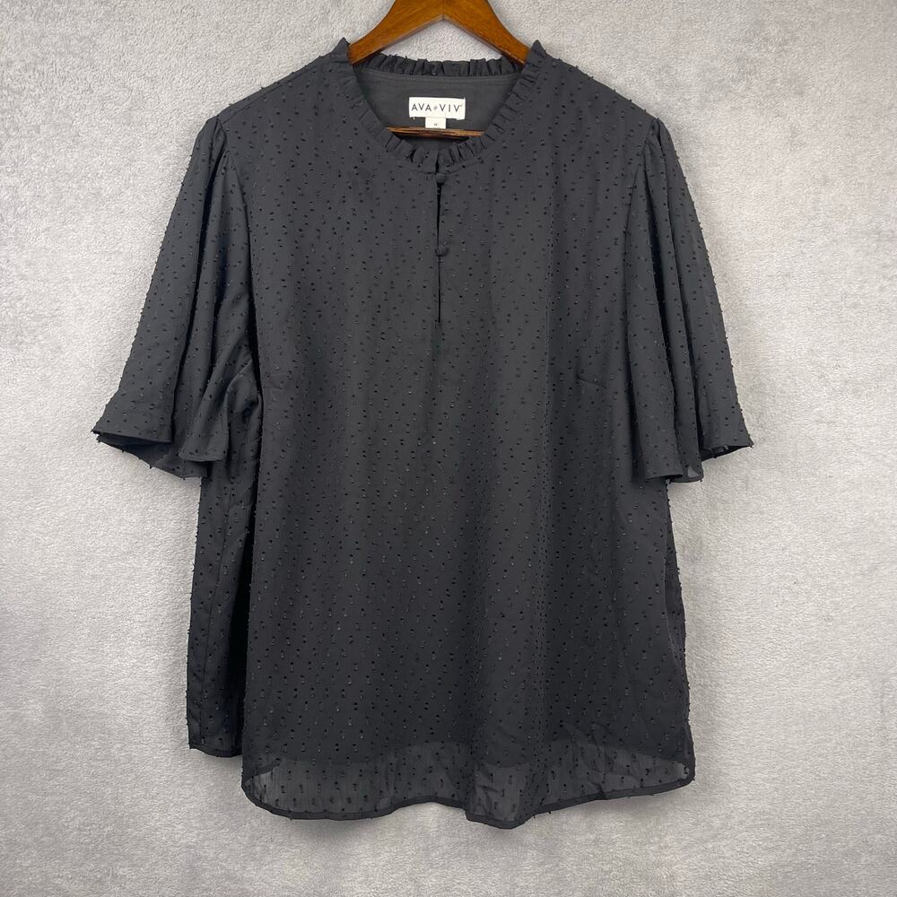 Ava & Viv Womens Swiss Dot Blouse SZ 1X Black Flutter Sleeve Romantic Office